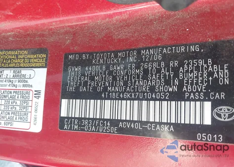 2007 Toyota Camry Se z USA, uszkodzony, nr VIN 4T1BE46KX7U104052
